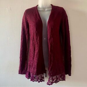 Y2k MAROON OPEN FRONT CARDIGAN W/ LACE TRIM